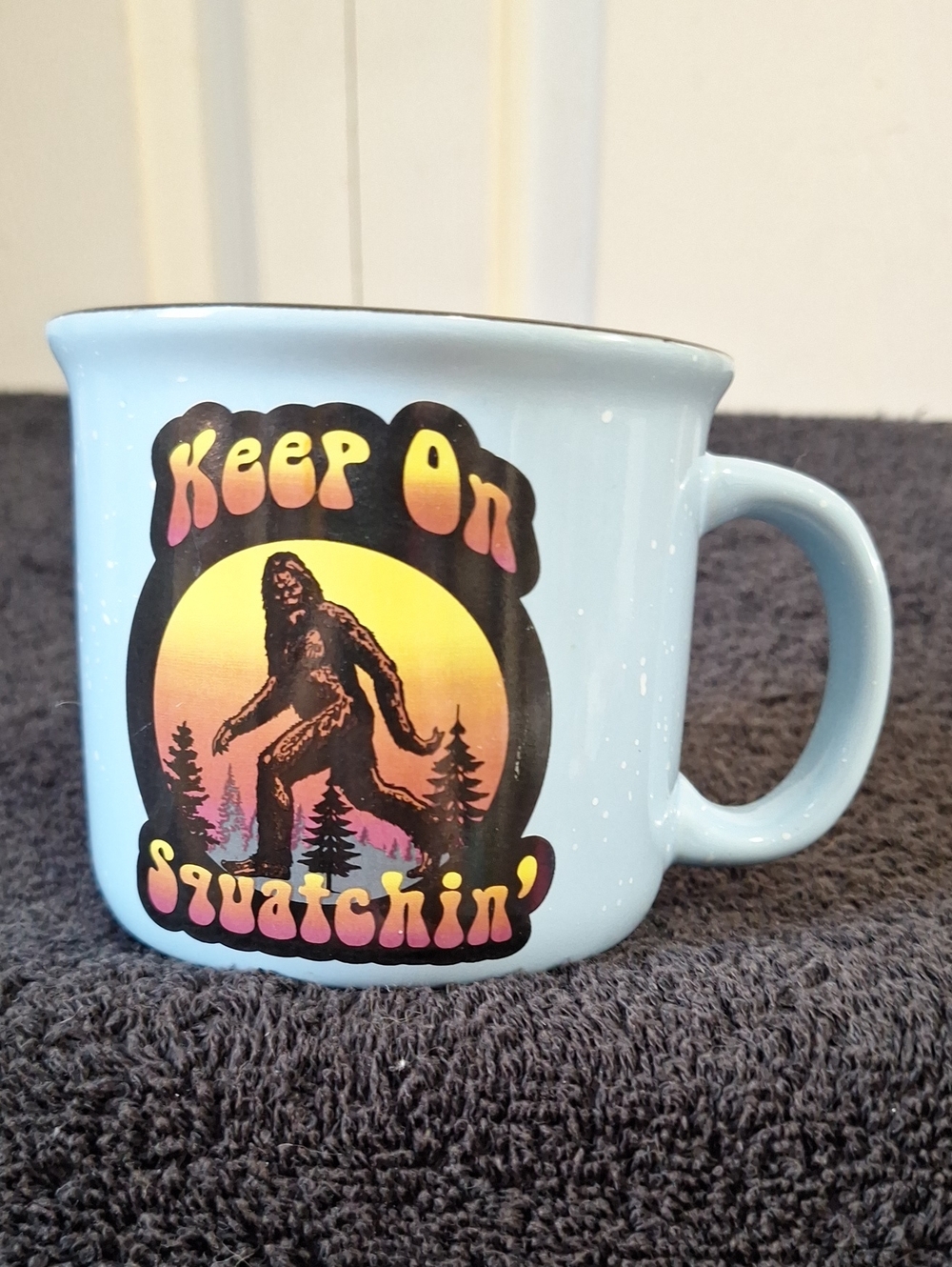 Spoontiques "Keep On Squatchin' " Big Foot Blue Ceramic Camper Mug